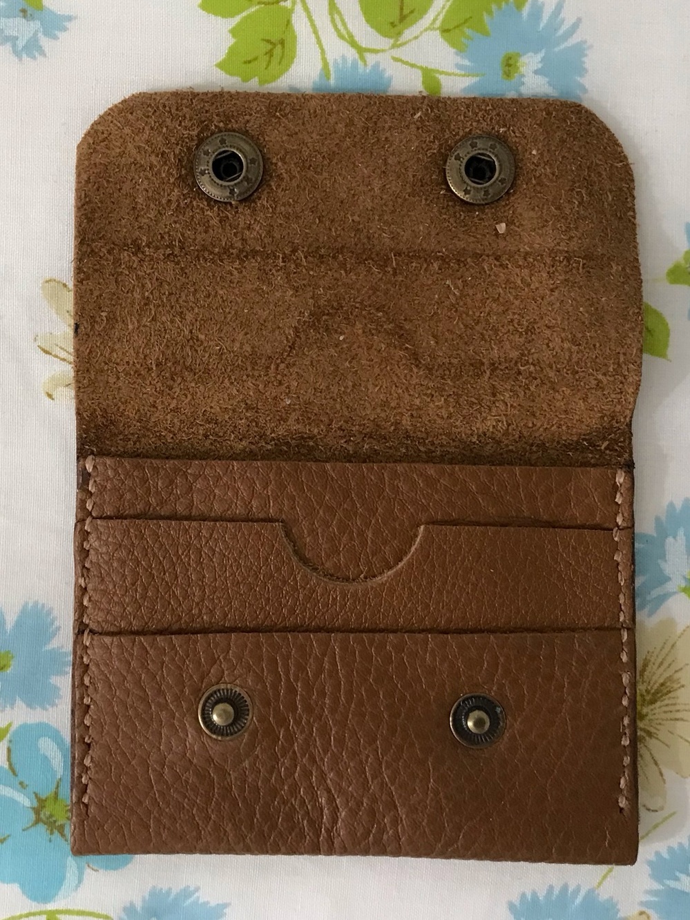 Handmade Brown Genuine Leather Snap Card Wallet - Minimalist Women’s Accessory.